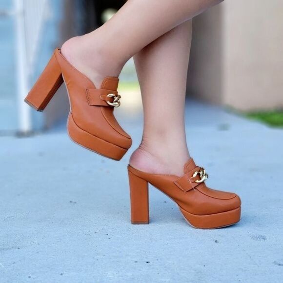 Shoes - Women Platform Heeled Mule Open Loafers Tan Color